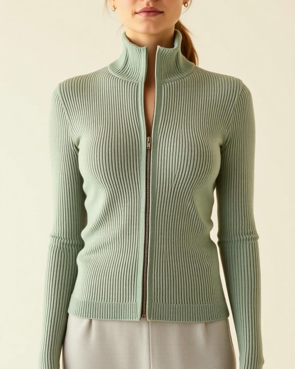 Ribbed Cashmere Zip — Sage